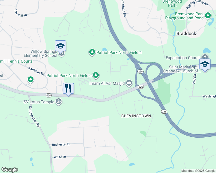 map of restaurants, bars, coffee shops, grocery stores, and more near 5430 Ruby Drive in Fairfax
