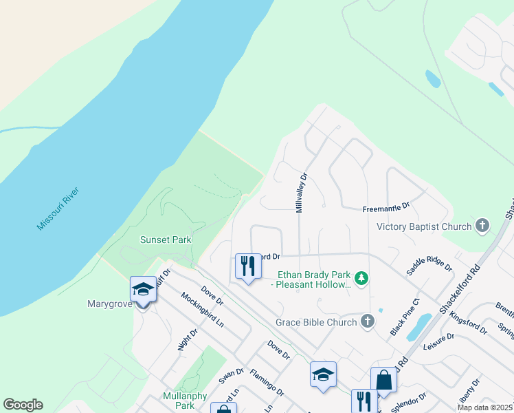 map of restaurants, bars, coffee shops, grocery stores, and more near 2365 Farflung Drive in Florissant