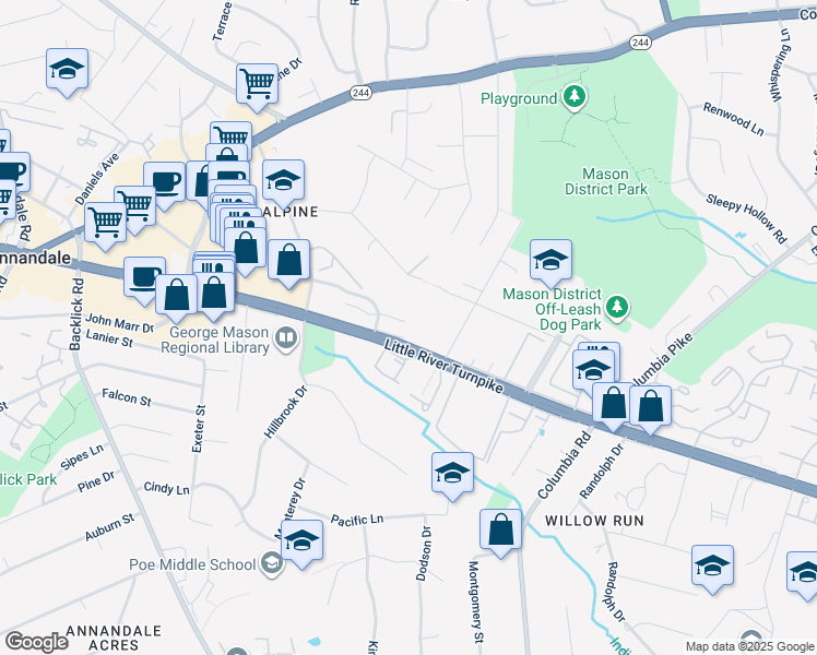 map of restaurants, bars, coffee shops, grocery stores, and more near 6853 Lafayette Park Drive in Annandale