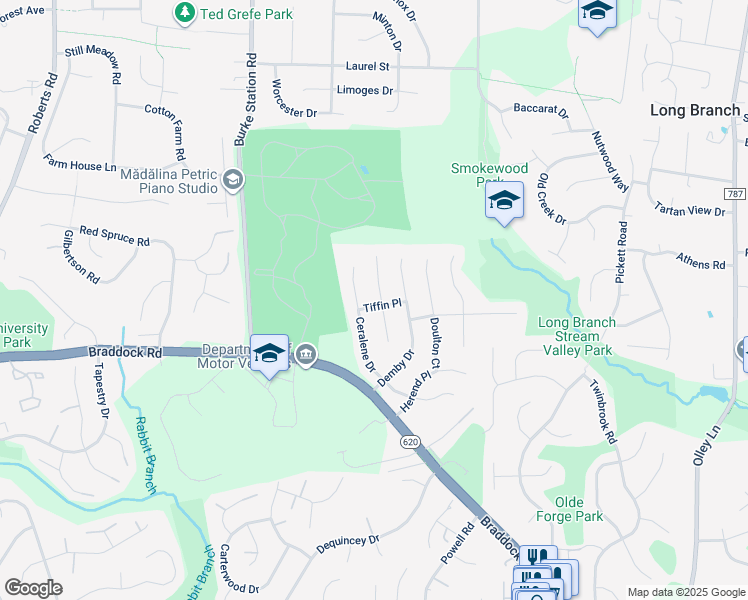 map of restaurants, bars, coffee shops, grocery stores, and more near 4604 Tiffin Place in Fairfax