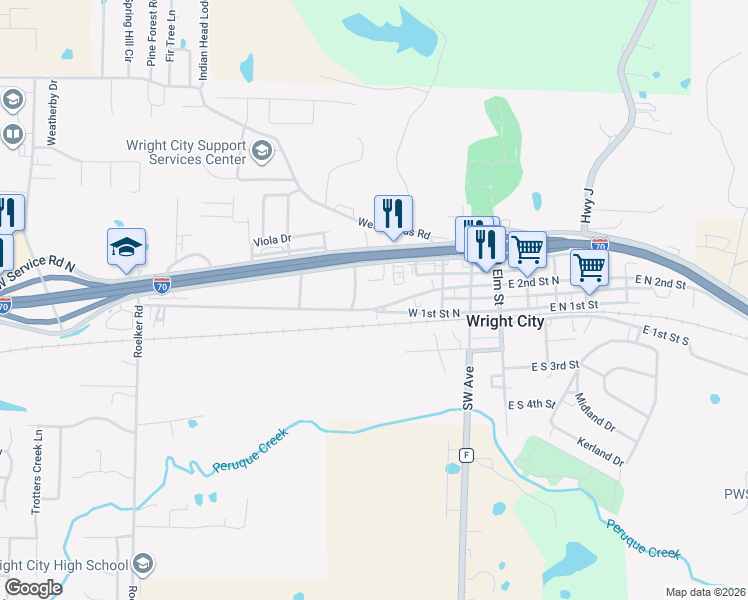 map of restaurants, bars, coffee shops, grocery stores, and more near 421 West 2nd Street North in Wright City