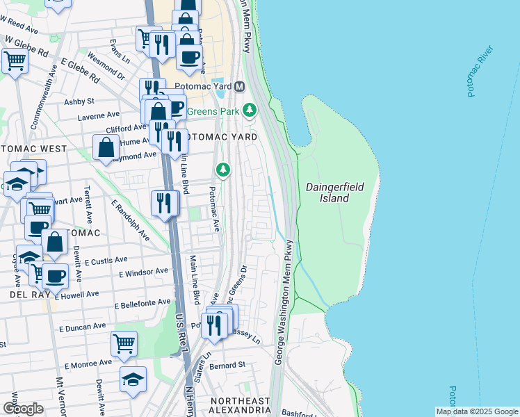 map of restaurants, bars, coffee shops, grocery stores, and more near 712 Miller Lane in Alexandria