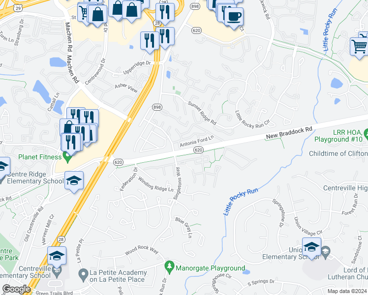 map of restaurants, bars, coffee shops, grocery stores, and more near 13996 New Braddock Road in Centreville
