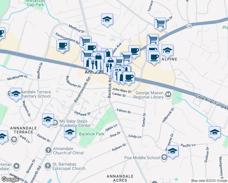 map of restaurants, bars, coffee shops, grocery stores, and more near 7136 Lanier Street in Annandale