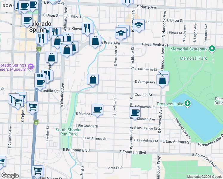 map of restaurants, bars, coffee shops, grocery stores, and more near 306 South Prospect Street in Colorado Springs