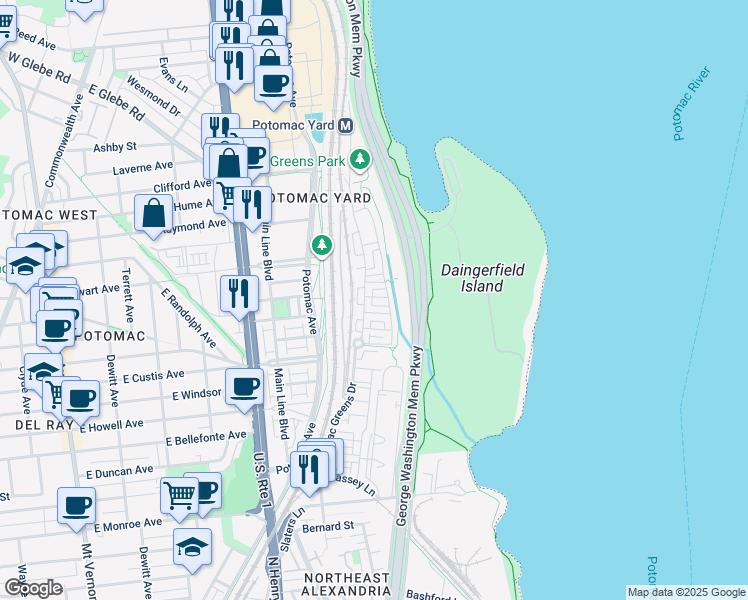 map of restaurants, bars, coffee shops, grocery stores, and more near 712 Miller Lane in Alexandria