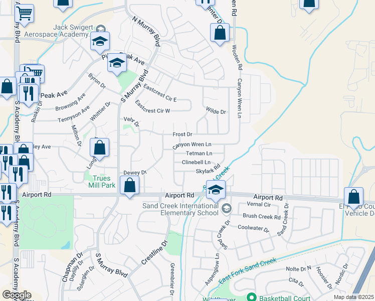 map of restaurants, bars, coffee shops, grocery stores, and more near 4570 Tetman Lane in Colorado Springs