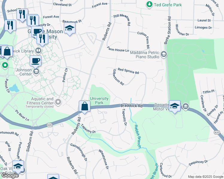 map of restaurants, bars, coffee shops, grocery stores, and more near 4621 Tapestry Drive in Fairfax