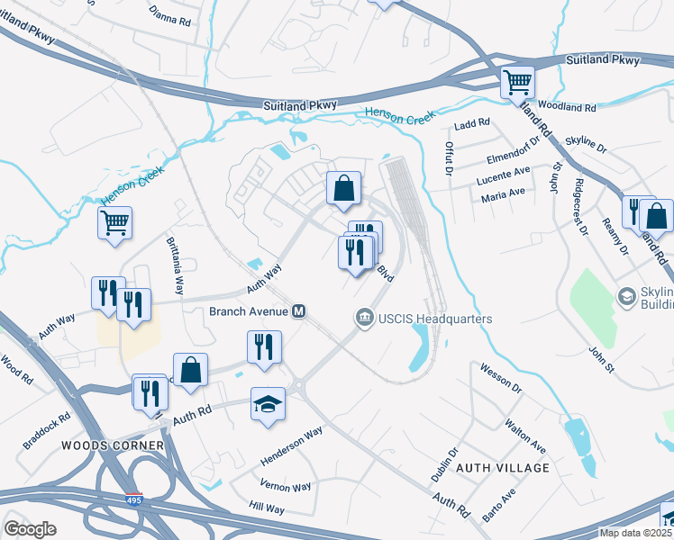 map of restaurants, bars, coffee shops, grocery stores, and more near 4451 Telfair Boulevard in Camp Springs