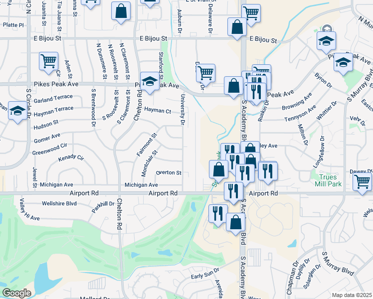 map of restaurants, bars, coffee shops, grocery stores, and more near 134 South Tulane Street in Colorado Springs
