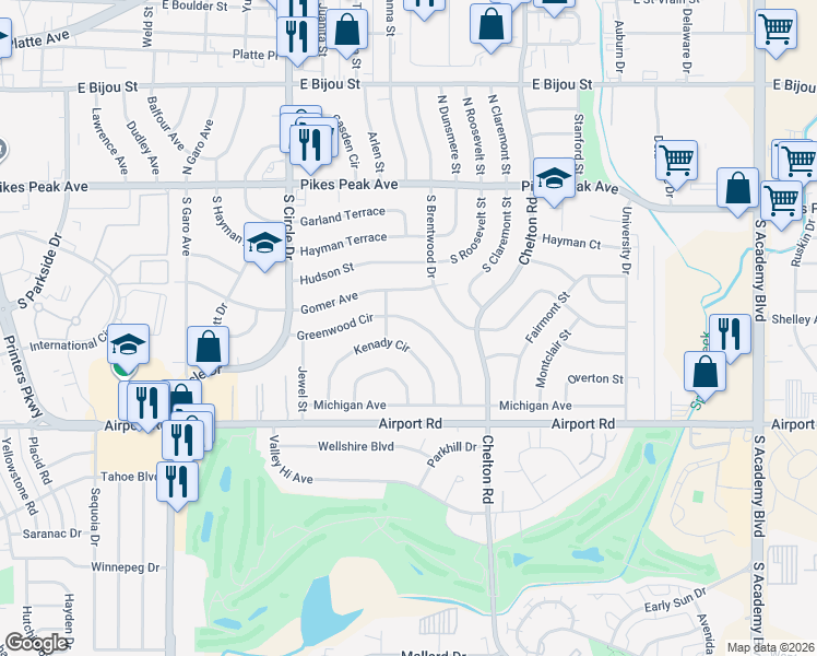 map of restaurants, bars, coffee shops, grocery stores, and more near 130 South Brentwood Drive in Colorado Springs