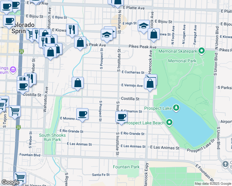 map of restaurants, bars, coffee shops, grocery stores, and more near 305 South Institute Street in Colorado Springs