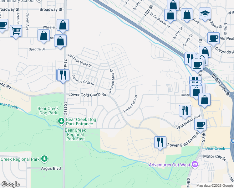 map of restaurants, bars, coffee shops, grocery stores, and more near 1261 Lady Campbell Drive in Colorado Springs