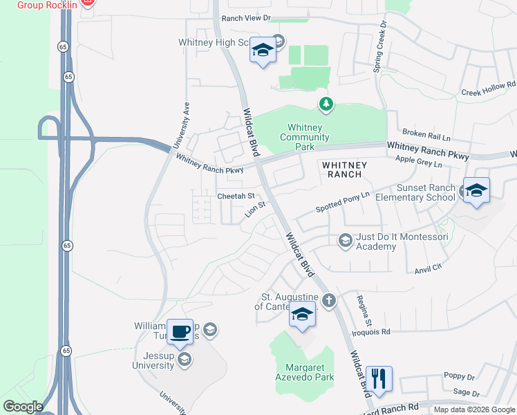 map of restaurants, bars, coffee shops, grocery stores, and more near 1427 Cheetah Street in Rocklin