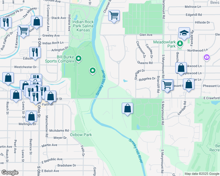 map of restaurants, bars, coffee shops, grocery stores, and more near 1728 Upper Mill Heights Drive in Salina