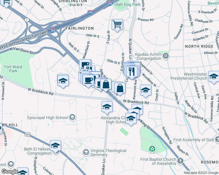 map of restaurants, bars, coffee shops, grocery stores, and more near 4138 36th Street South in Arlington
