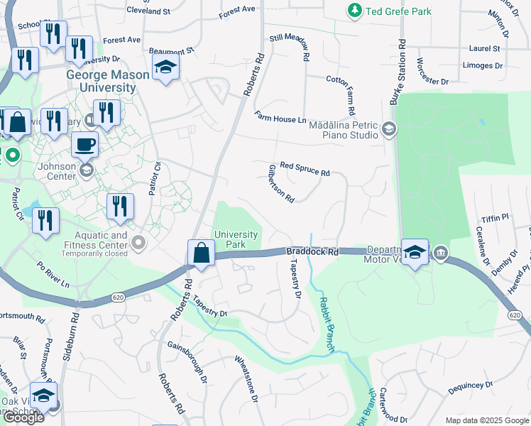 map of restaurants, bars, coffee shops, grocery stores, and more near 4621 Tapestry Drive in Fairfax