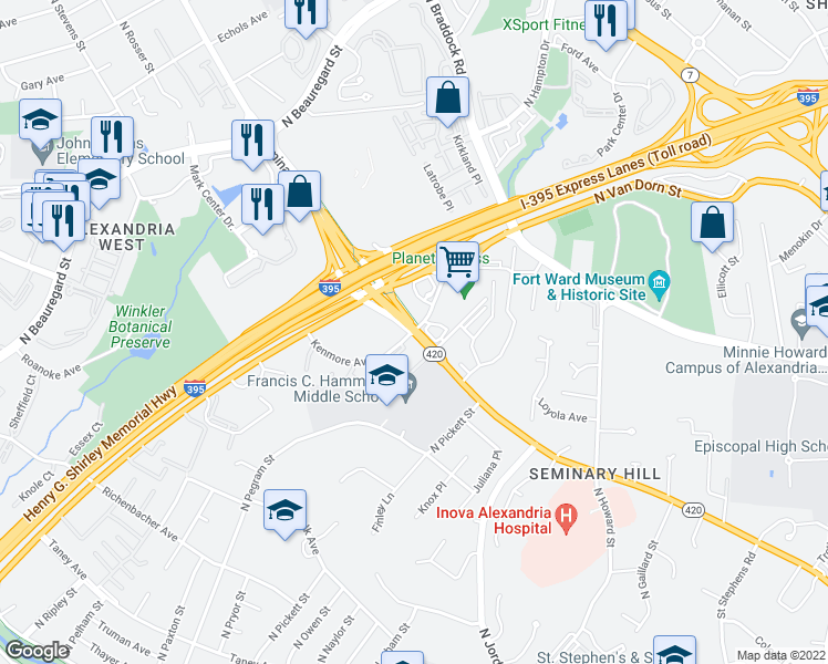 map of restaurants, bars, coffee shops, grocery stores, and more near Seminary Rd & Kenmore Ave in Alexandria