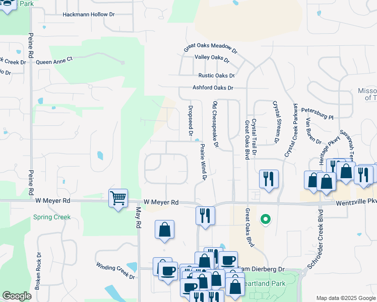 map of restaurants, bars, coffee shops, grocery stores, and more near 1737 Fairview Farms Circle in Wentzville