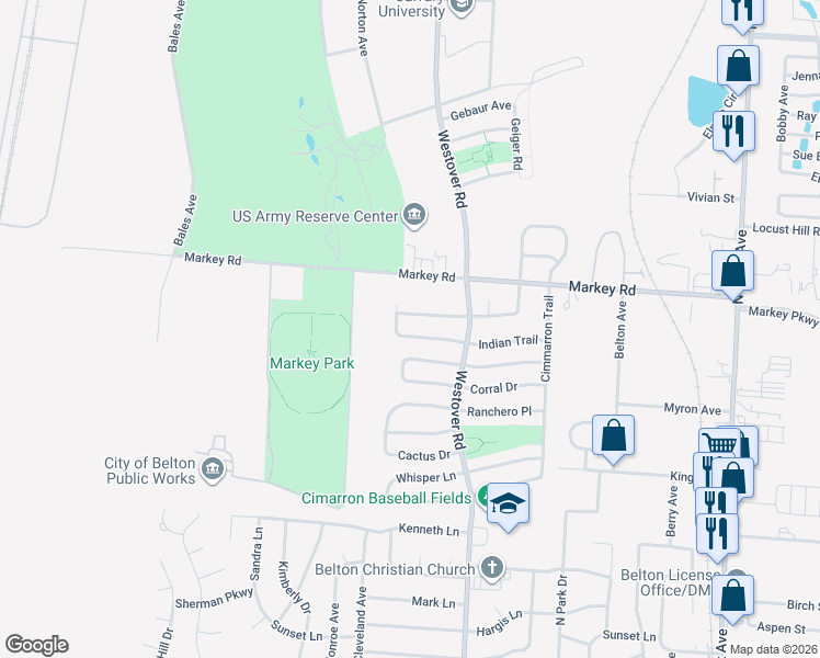 map of restaurants, bars, coffee shops, grocery stores, and more near 517 Indian Trail in Belton