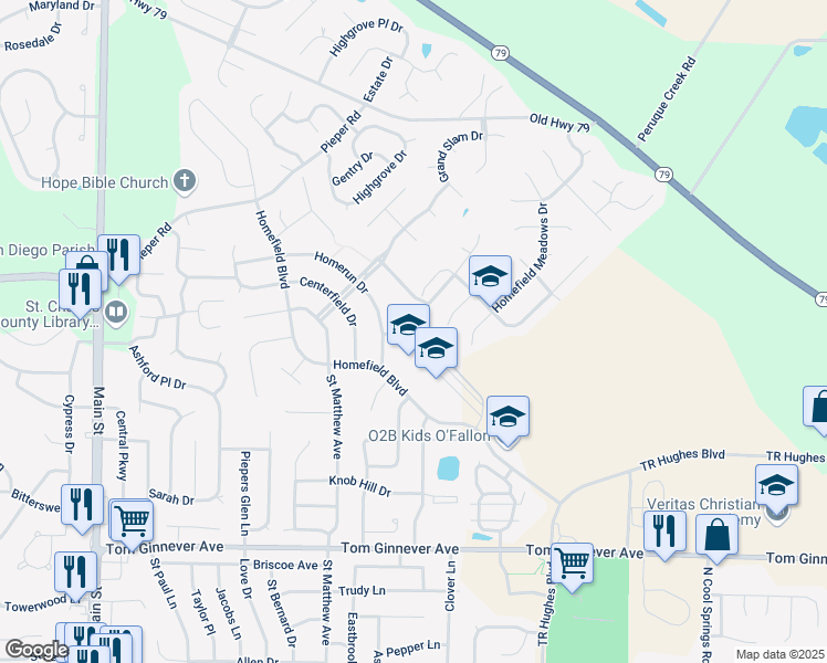 map of restaurants, bars, coffee shops, grocery stores, and more near 100 Homefield Gardens Drive in O'Fallon