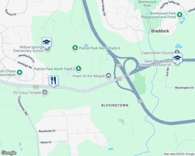 map of restaurants, bars, coffee shops, grocery stores, and more near 5416 Sasher Lane in Fairfax