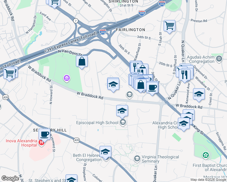 map of restaurants, bars, coffee shops, grocery stores, and more near 3801 West Braddock Road in Alexandria