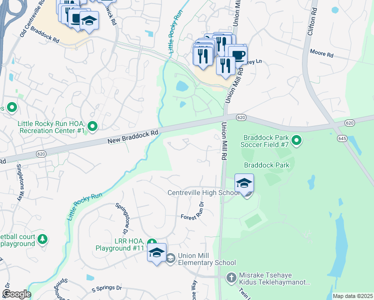 map of restaurants, bars, coffee shops, grocery stores, and more near 13613 Wildflower Lane in Clifton