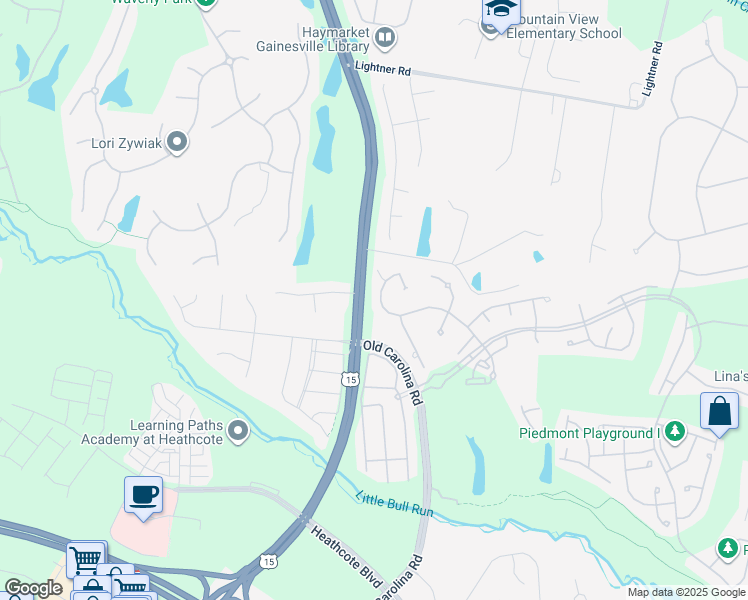map of restaurants, bars, coffee shops, grocery stores, and more near 5932 Amber Ridge Road in Haymarket