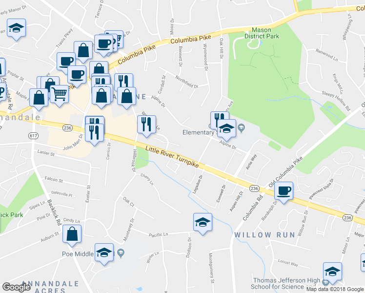 map of restaurants, bars, coffee shops, grocery stores, and more near 6850 Lafayette Park Drive in Annandale