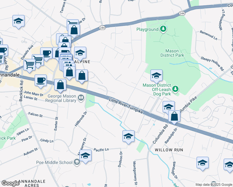 map of restaurants, bars, coffee shops, grocery stores, and more near 6850 Lafayette Park Drive in Annandale