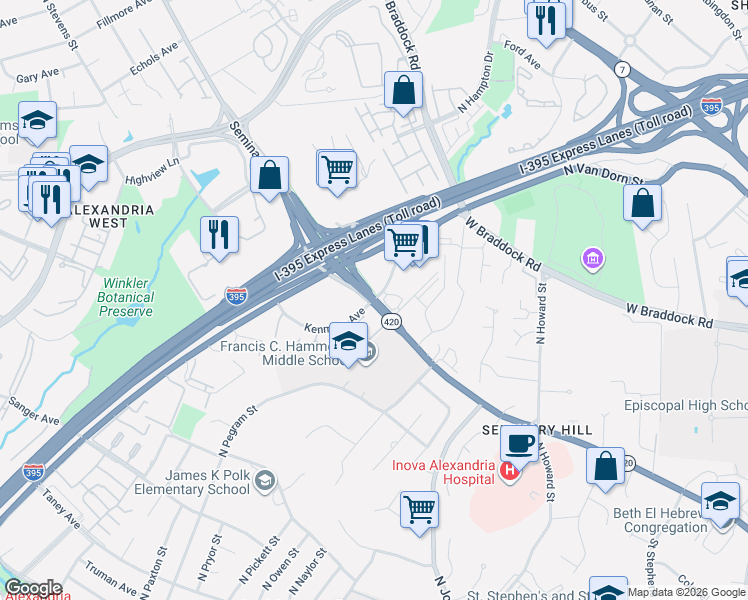map of restaurants, bars, coffee shops, grocery stores, and more near Seminary Road in Alexandria