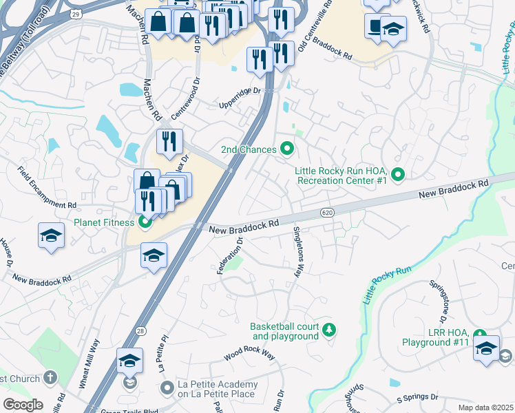 map of restaurants, bars, coffee shops, grocery stores, and more near 6107 Hoskins Hollow Circle in Centreville