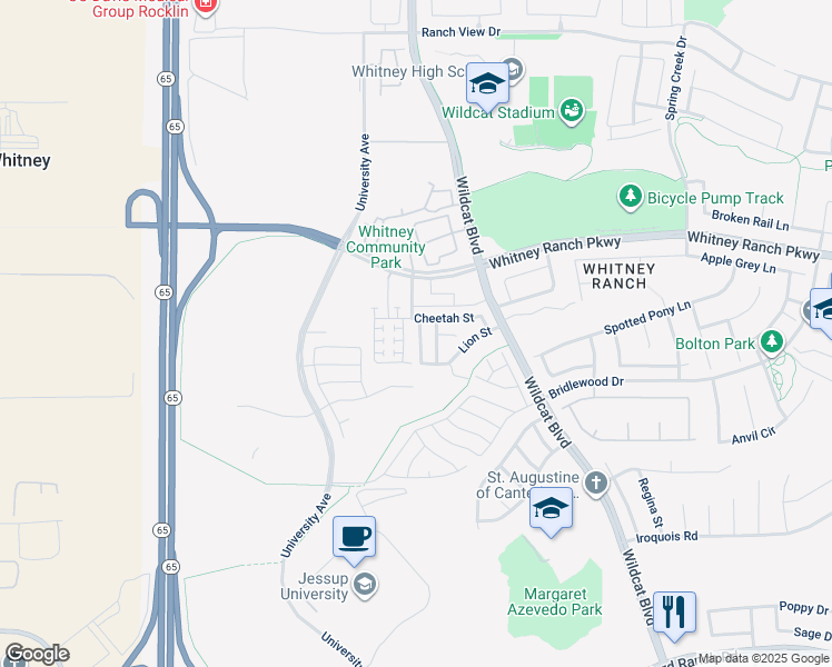 map of restaurants, bars, coffee shops, grocery stores, and more near 905 Puma Street in Rocklin