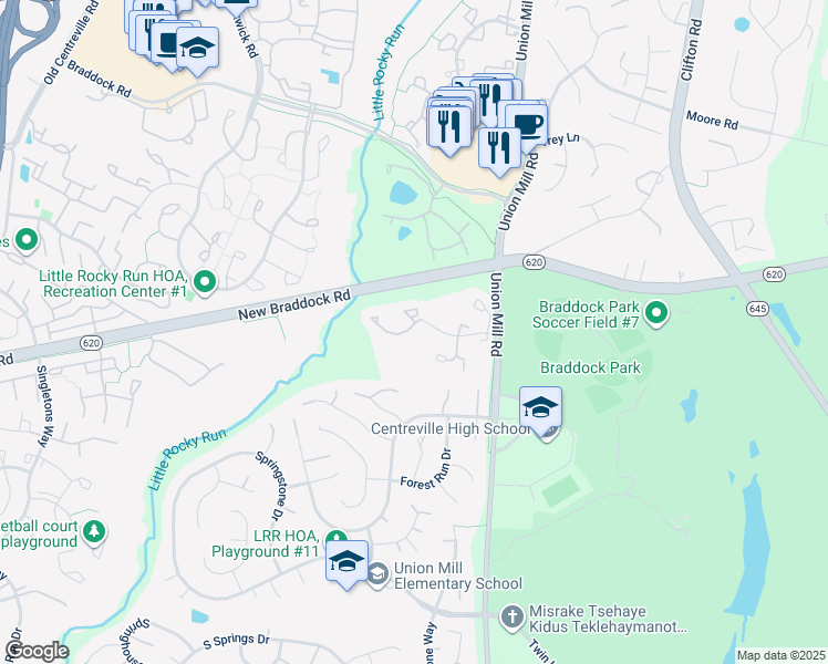 map of restaurants, bars, coffee shops, grocery stores, and more near 13613 Wildflower Lane in Clifton