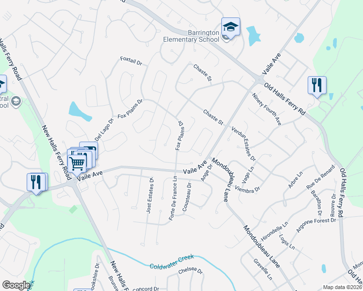 map of restaurants, bars, coffee shops, grocery stores, and more near 15568 Fox Plains Drive in Florissant