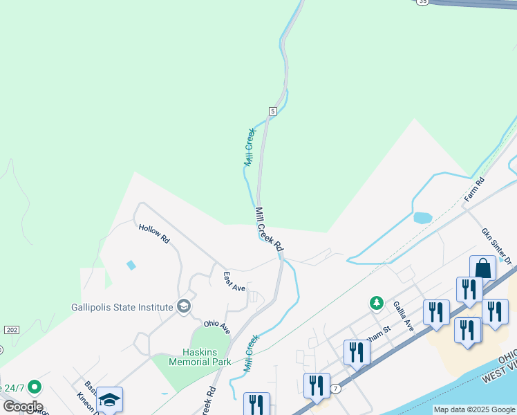 map of restaurants, bars, coffee shops, grocery stores, and more near Mill Creek Road in Gallipolis
