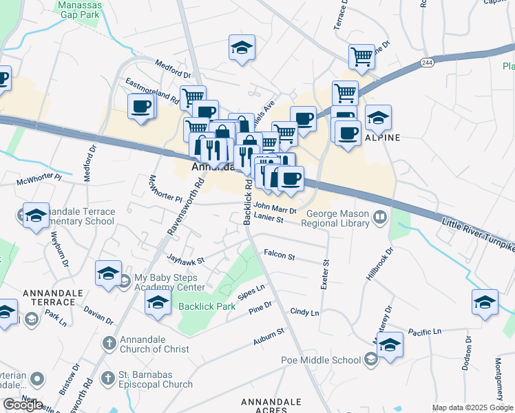 map of restaurants, bars, coffee shops, grocery stores, and more near 7136 Lanier Street in Annandale