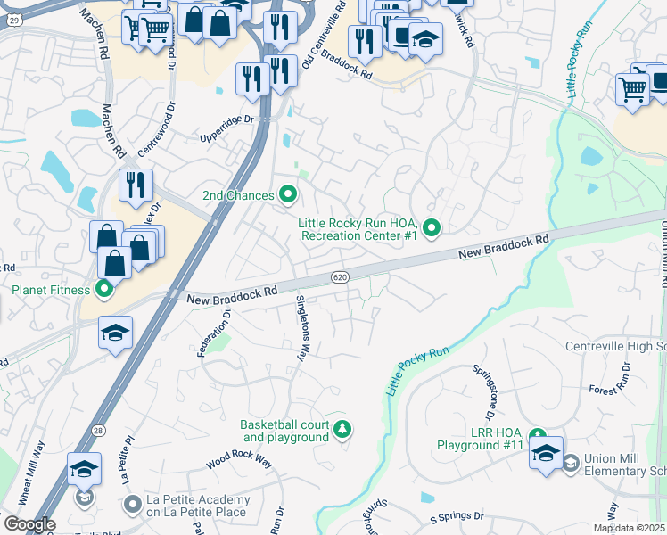 map of restaurants, bars, coffee shops, grocery stores, and more near 13974 New Braddock Road in Centreville