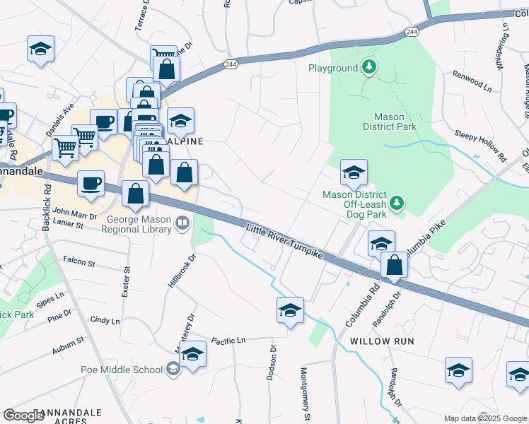 map of restaurants, bars, coffee shops, grocery stores, and more near 6852 Lafayette Park Drive in Annandale