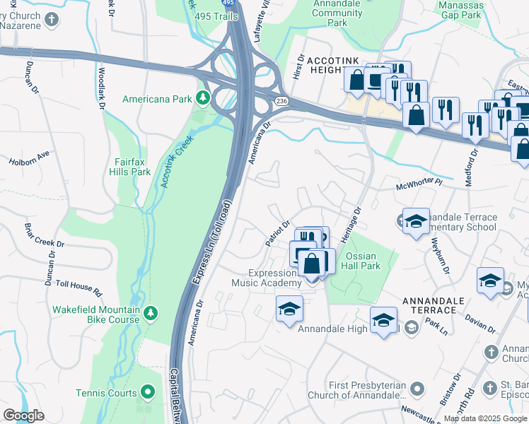 map of restaurants, bars, coffee shops, grocery stores, and more near 4410 Briarwood Court North in Annandale
