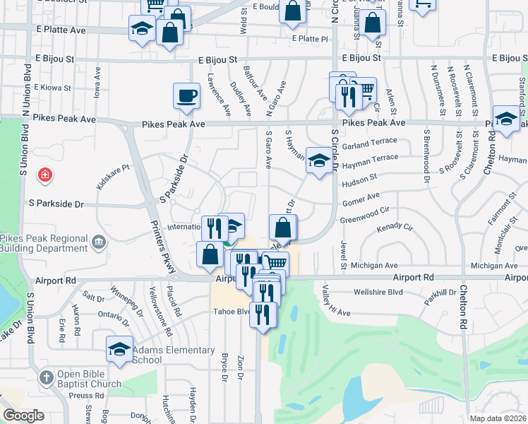 map of restaurants, bars, coffee shops, grocery stores, and more near 211 South Garo Avenue in Colorado Springs
