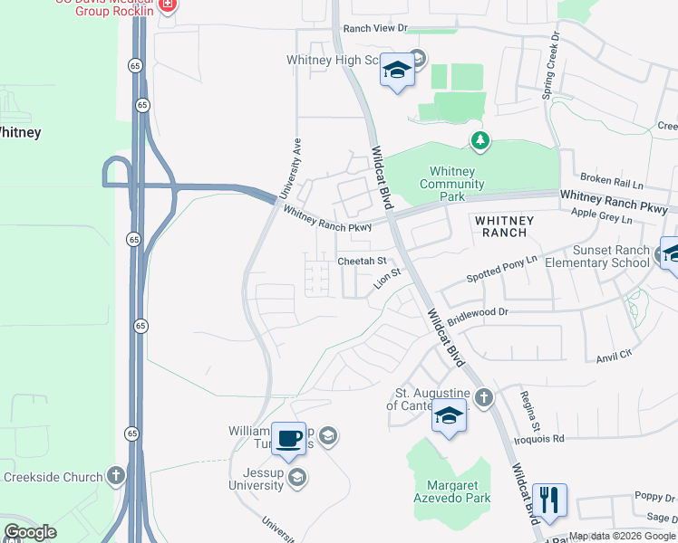 map of restaurants, bars, coffee shops, grocery stores, and more near 1671 Lion Street in Rocklin