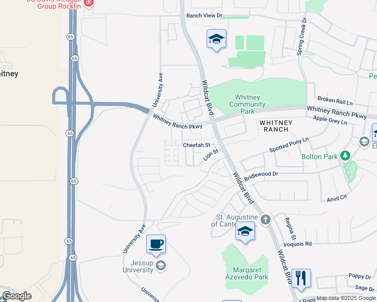 map of restaurants, bars, coffee shops, grocery stores, and more near 1672 Lion Street in Rocklin