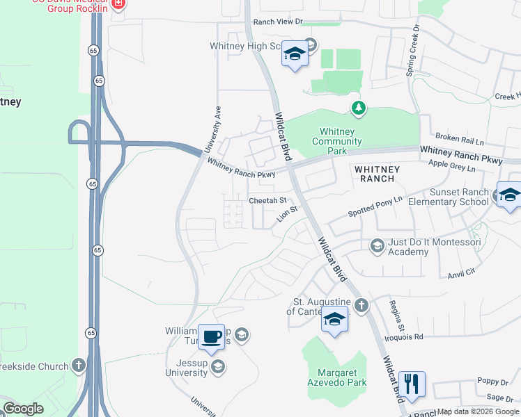 map of restaurants, bars, coffee shops, grocery stores, and more near Puma Street in Rocklin