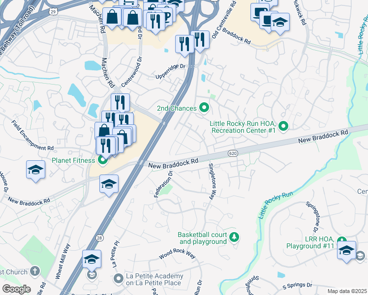 map of restaurants, bars, coffee shops, grocery stores, and more near 6107 Hoskins Hollow Circle in Centreville