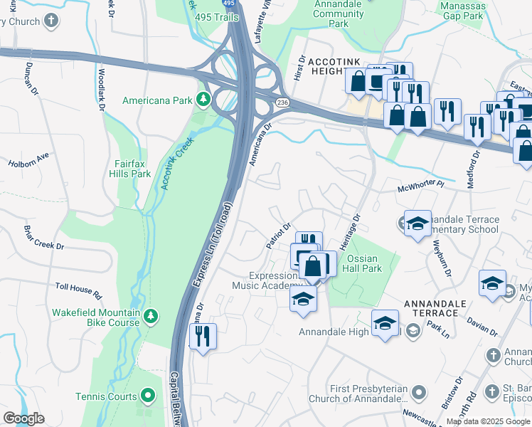 map of restaurants, bars, coffee shops, grocery stores, and more near 4410 Briarwood Court North in Annandale