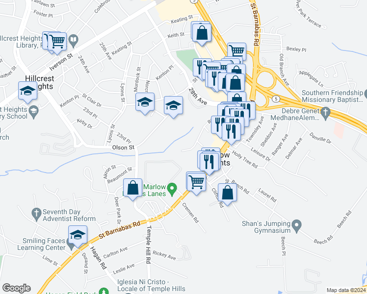 map of restaurants, bars, coffee shops, grocery stores, and more near 3506 Riviera Street in Temple Hills