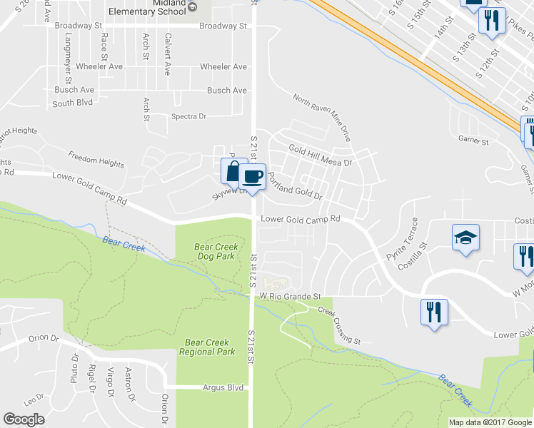 map of restaurants, bars, coffee shops, grocery stores, and more near 430 Gray Horse Alley in Colorado Springs