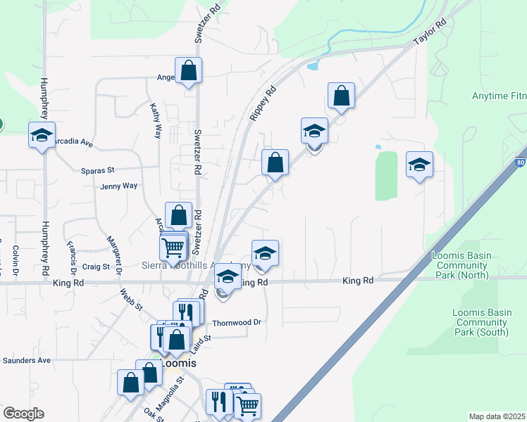 map of restaurants, bars, coffee shops, grocery stores, and more near 3369 Taylor Road in Loomis